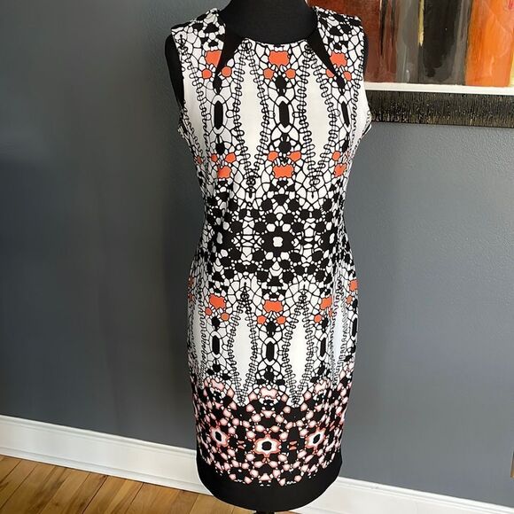 Taylor Dresses & Skirts - Taylor black/white/coral print silky stretch knit sleeveless midi. Size 2